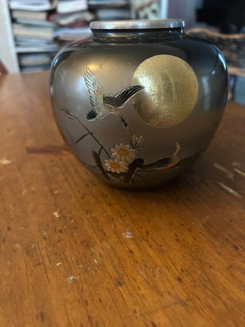 Metallic Gray Ceramic Decorative Jar with Gold Moon and Crane Motif